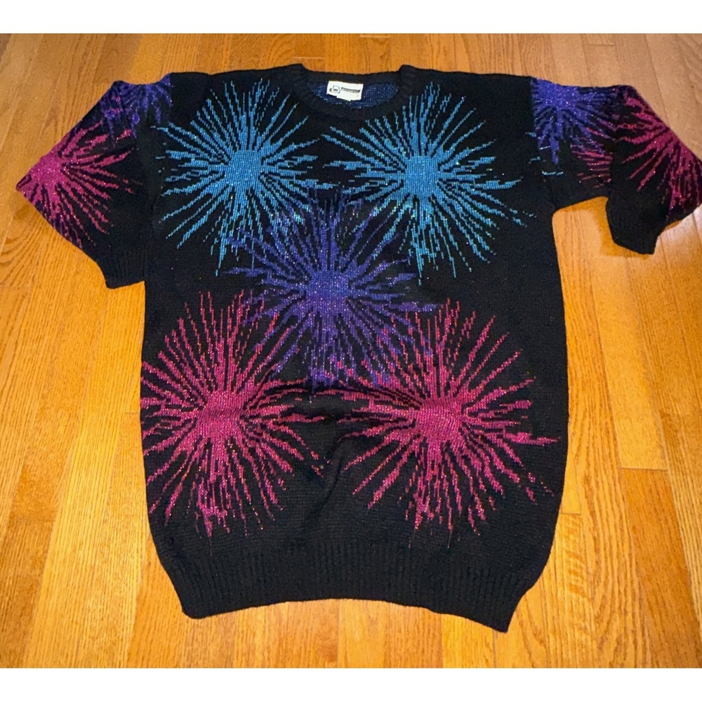 Distinctly Different Vintage Black Colorful Fireworks Sweater Women's Size 20